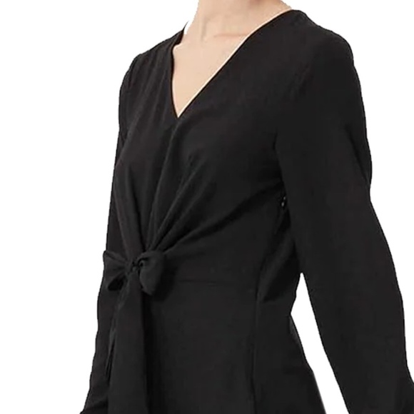 Vila Clothes Black Dress Fit & Flare Long Sleeve Bow Tie and Button Skirt Plunge - Picture 7 of 16